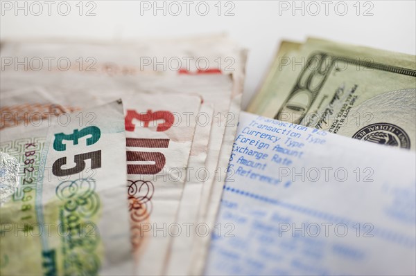British and American paper currency, close-up.