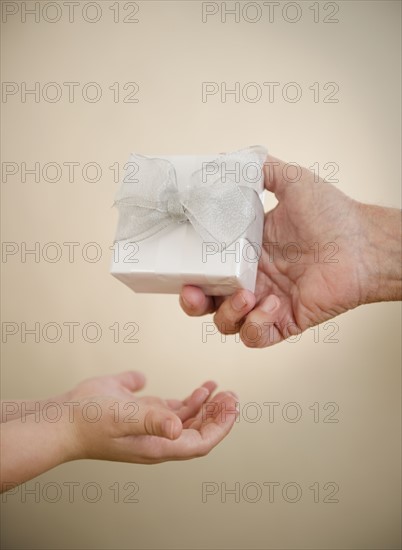 Close up of hands of grandfather and grandson (8-9) with gift. Photo : Jamie Grill Photography