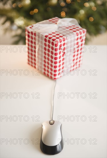 Computer mouse connected to Christmas gift. Photo : Jamie Grill Photography