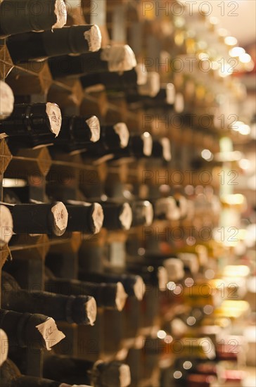 Old wine bottles on cellar shelves.