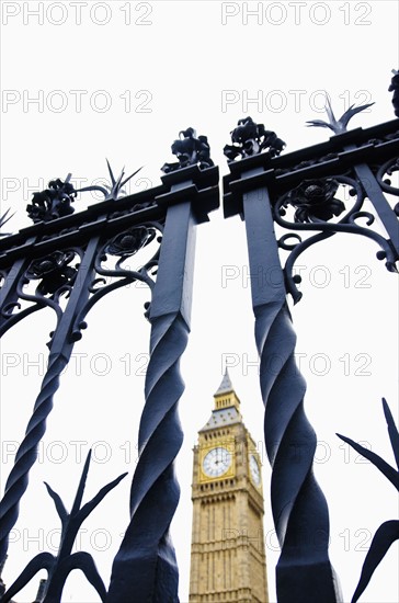 United Kingdom, London, Big Ben through metal gates.
