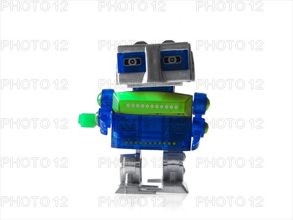 Toy robot on white background. Photo: David Arky