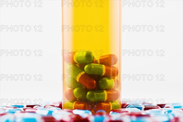 Studio shot of capsules and pill bottle. Photo : Antonio M. Rosario