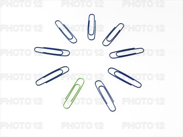 Blue and green paper clips on white background. Photo: David Arky