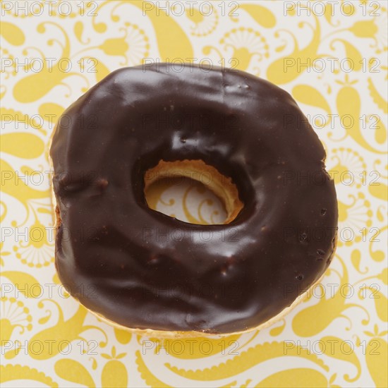 Studio shot of chocolate donut on floral background.