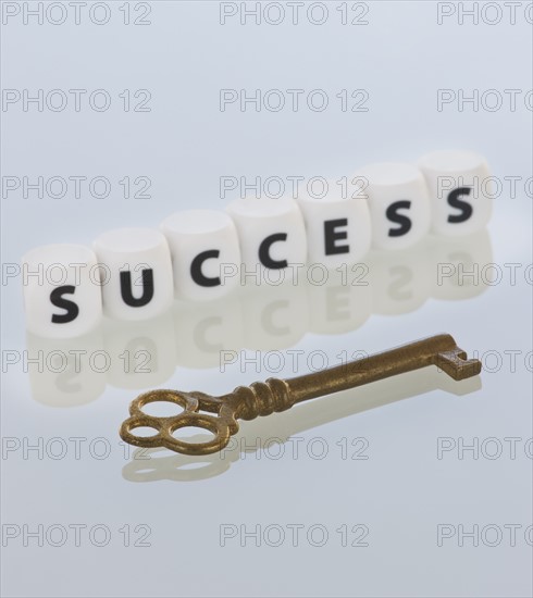 Studio shot of key and dice spelling out success. Photo : Daniel Grill