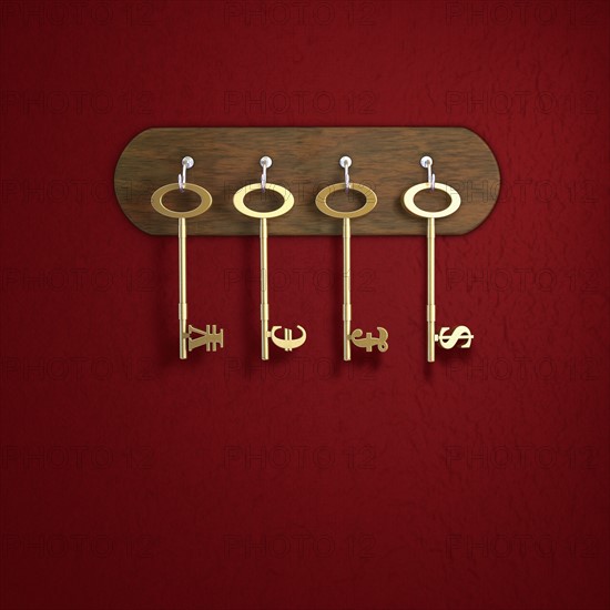 Keys with Yen, Euro, Pound Sterling and Dollar symbol hanging on red wall. Photo : Jon Boyes