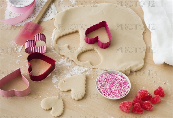 Raw heart-shaped biscuits.