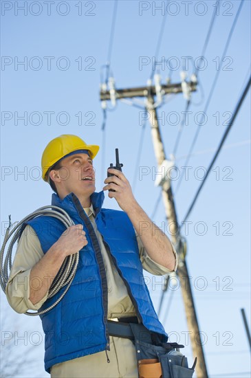 USA, New Jersey, Jersey City, electrician at work.