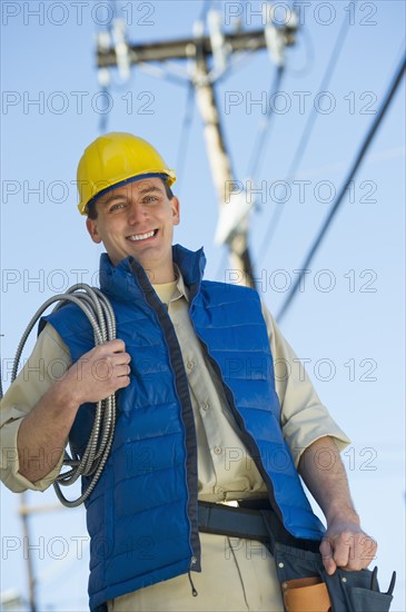 USA, New Jersey, Jersey City, electrician at work.