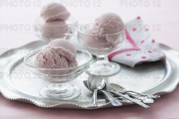 Close up of ice cream dessert on silver tray.