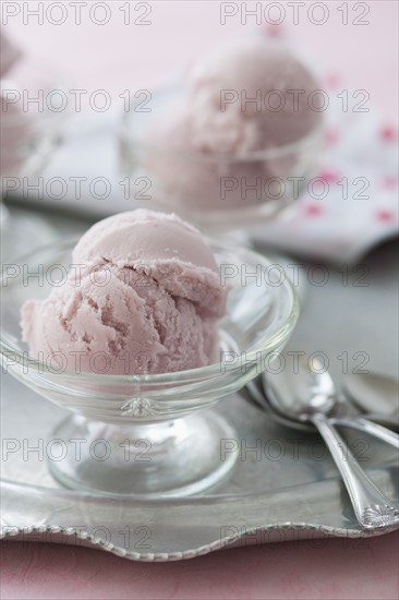 Close up of ice cream dessert on silver tray.