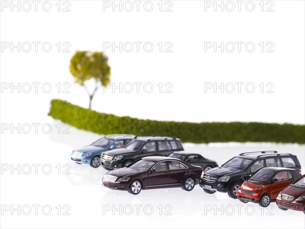 Row of different cars parked near field. Photo : David Arky