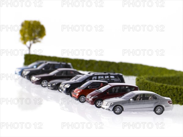 Row of different cars parked near hedge. Photo: David Arky