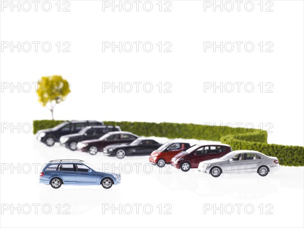 Row of different cars parked near hedge. Photo : David Arky