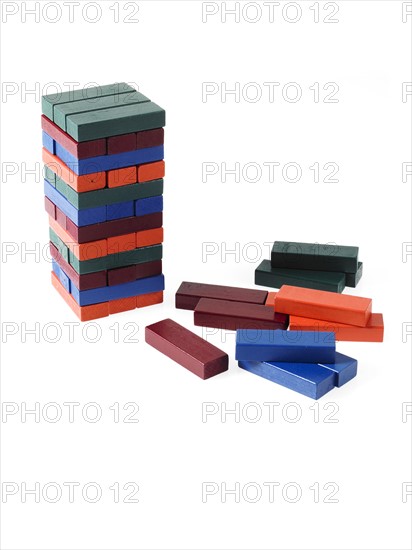 Studio shot of colorful wooden jenga blocks. Photo: David Arky