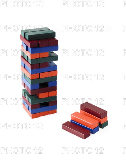 Studio shot of colorful wooden jenga blocks. Photo : David Arky