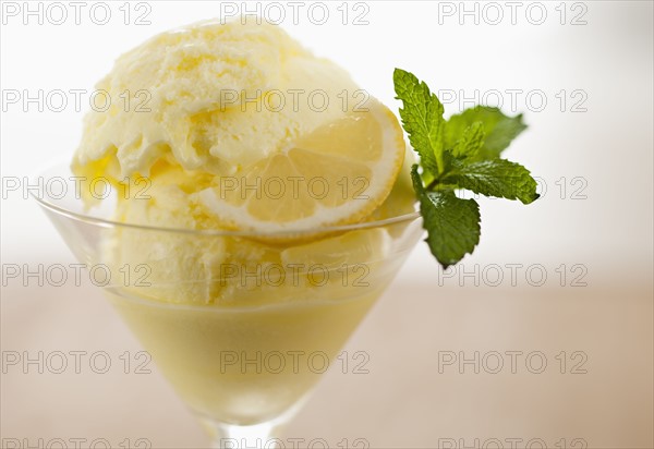 Close up of ice cream with mint leaf and lemon slice.