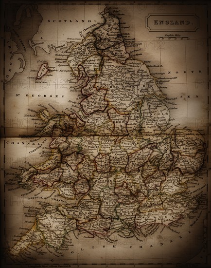 Close up of antique map of England.