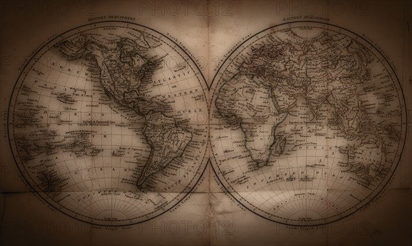 Close up of antique world map.