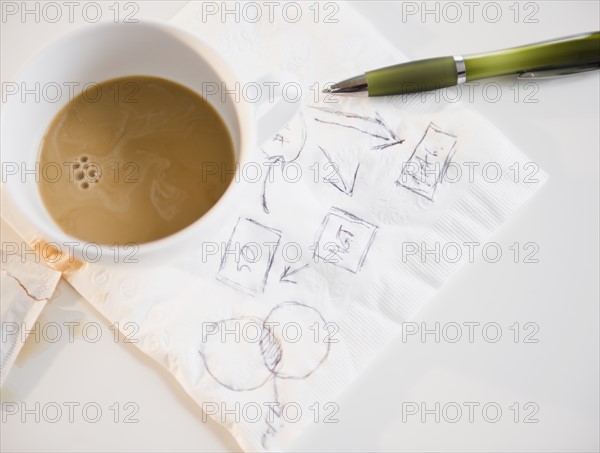 Studio shot of napkin with doodle. Photo : Jamie Grill Photography