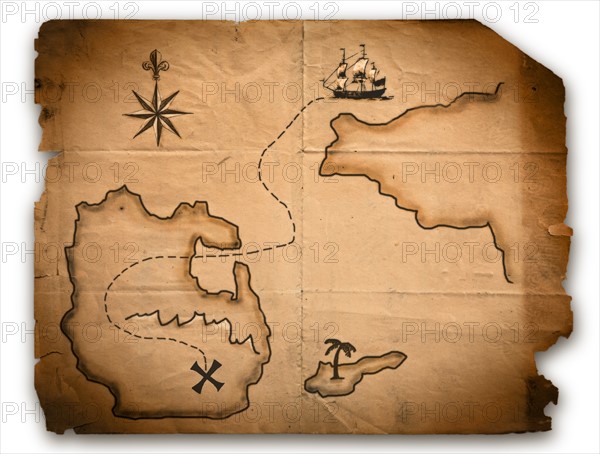 Close up of antique world map with ship route.