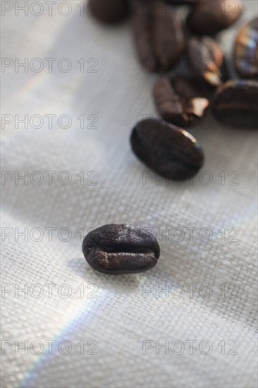 Studio shot of coffee beans on linen.