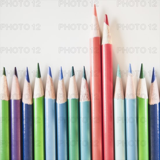 Studio shot of colored pencils in row. Photo: Jamie Grill Photography