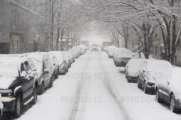 USA, New York City, snowy street with rows of parked cars. Photo : fotog