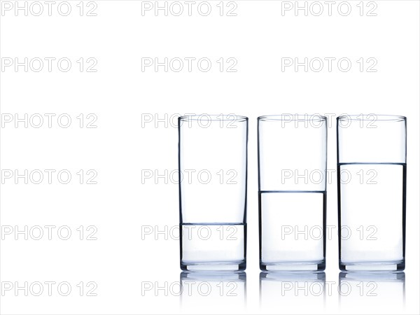 Studio shot of three glasses of water. Photo : David Arky