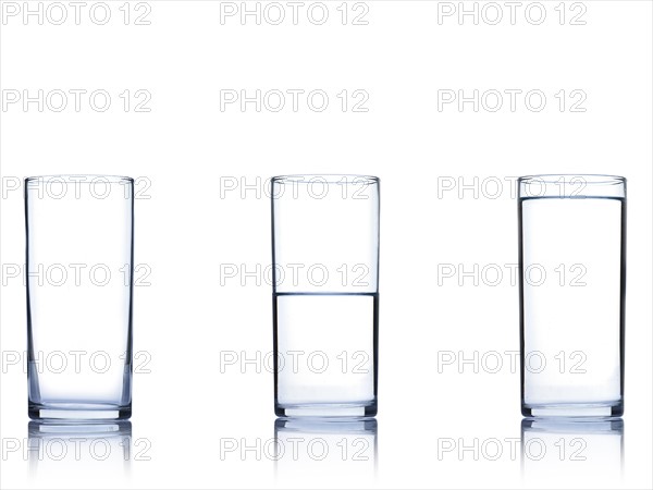 Studio shot of three glasses of water. Photo : David Arky