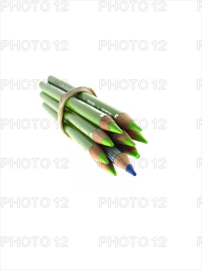 Studio shot of bunch of green pencils with one blue. Photo: David Arky
