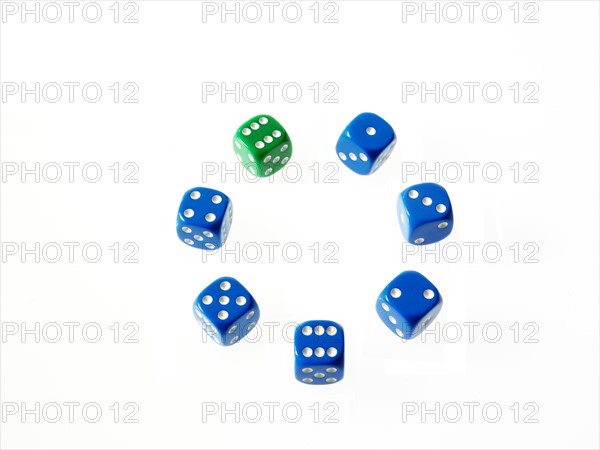 Dice on white background. Photo: David Arky