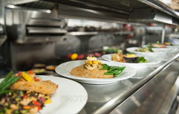 Food on plates in the kitchen.