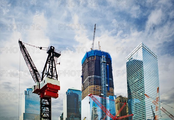 USA, New York, New York City, Modern skyscrapers under construction at Ground Zero.