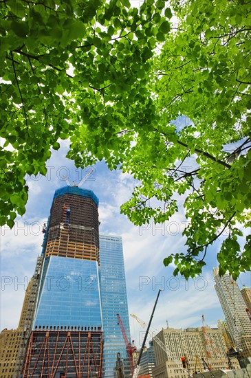 USA, New York, New York City, Modern skyscrapers under construction at Ground Zero.