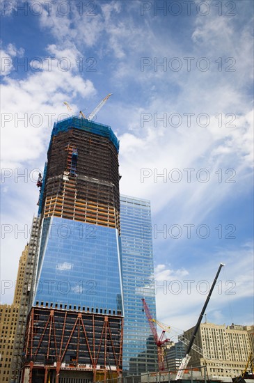 USA, New York, New York City, Modern skyscrapers under construction at Ground Zero.