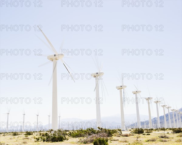 USA, California, Palm Springs, Coachella Valley, San Gorgonio Pass, Wind turbines with mountains in background. Photo : Jamie Grill Photography