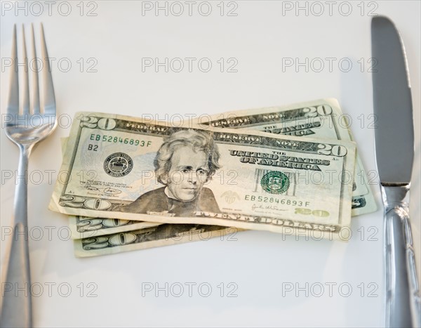 Twenty dollar bills on place settings, studio shot. Photo : Jamie Grill Photography