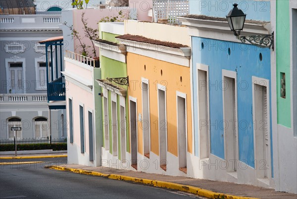 Puerto Rico, Old San Juan, Old town street scene.