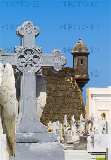 Puerto Rico, Old San Juan, View of Santa Maria Magdalena Cemetery with El Morro Fortress.