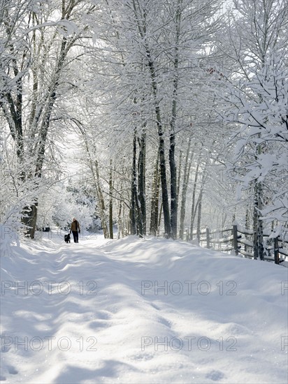 USA, Colorado, woman and dog on snowy road. Photo : John Kelly