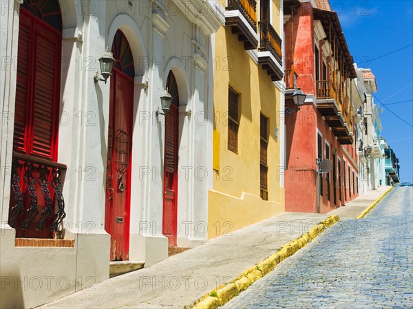 Puerto Rico, Old San Juan, Row of historic houses in Old Town.