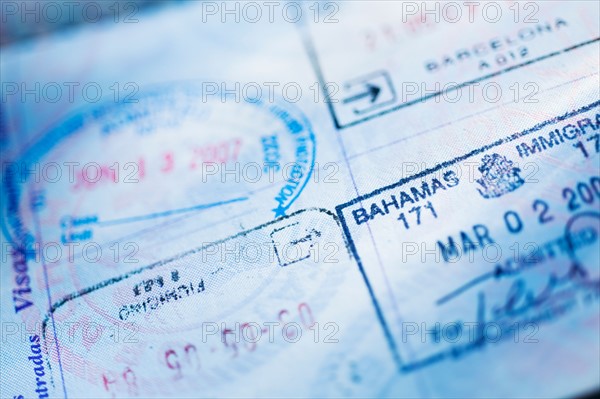 Close-up of stamps in passport.