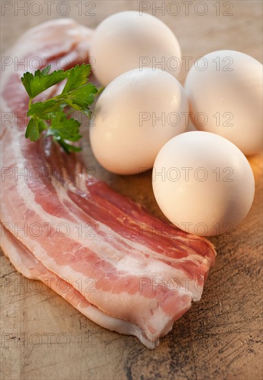 Studio shot of bacon and eggs.
