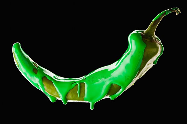 Studio shot of jalapeno pepper covered with green paint. Photo : Mike Kemp