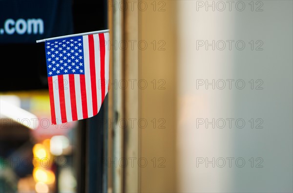 American flag on building.