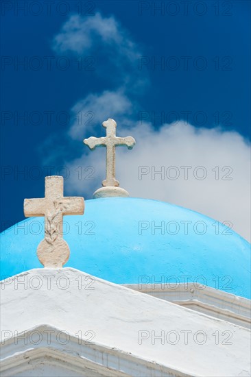 Greece, Cyclades Islands, Mykonos, Church dome with cross.