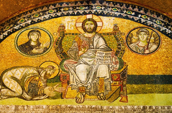 Turkey, Istanbul, Mosaic of Leo VI kneeling before Jesus in Haghia Sophia Mosque .