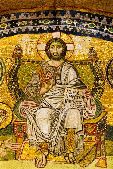 Turkey, Istanbul, Mosaic of Leo VI kneeling before Jesus in Haghia Sophia Mosque .